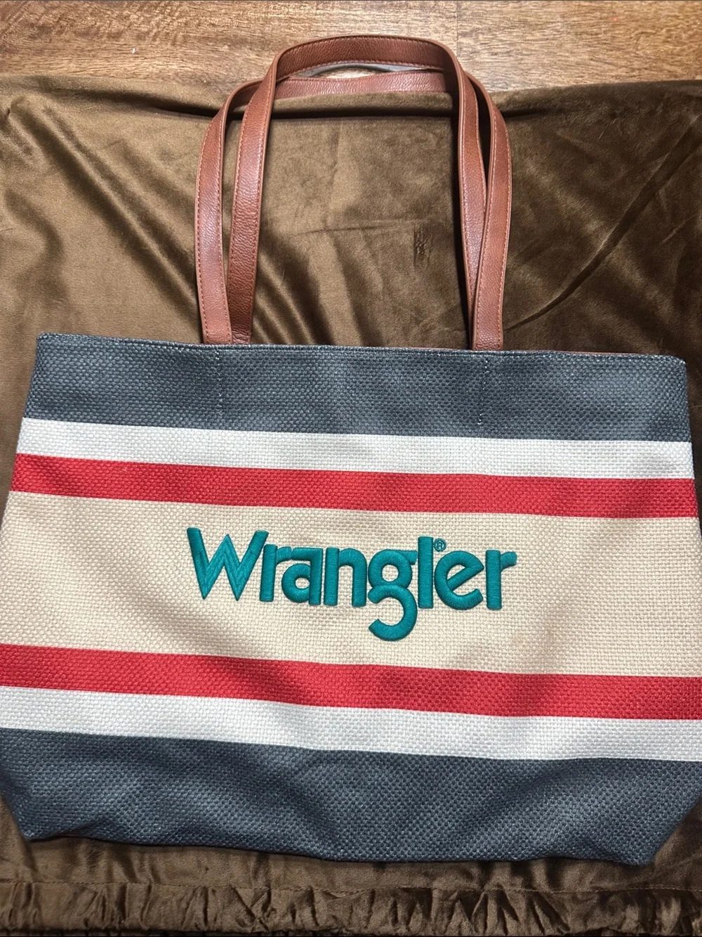 Wrangler Striped Canvas Tote in Cream, Blue and Red with Brown Handles